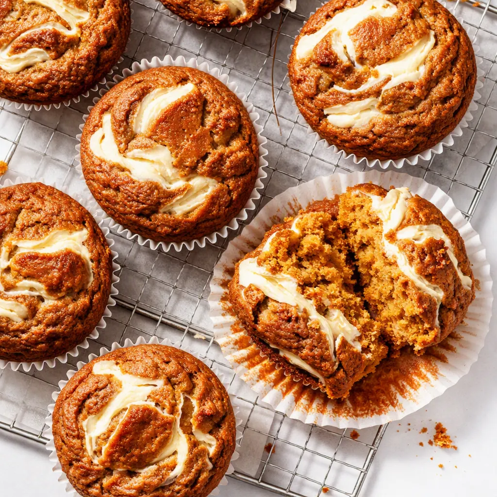 Hand swirling cream cheese into pumpkin batter for moist pumpkin cream cheese swirl muffins, with visible orange batter and white creamy ribbons.