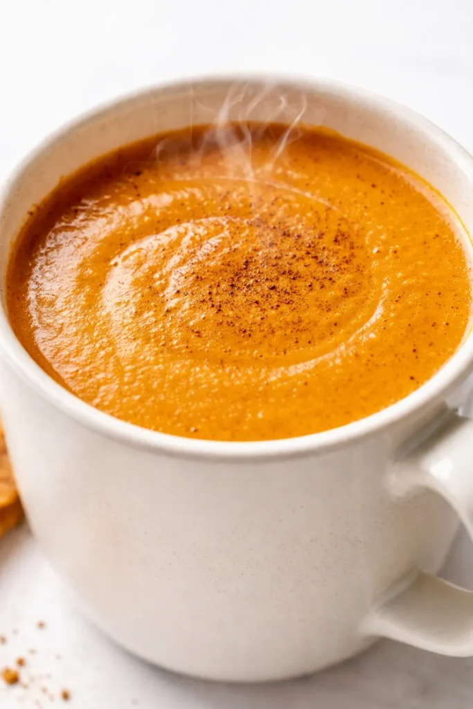 Creamy pumpkin spice latte in a ceramic mug with velvety milk foam, cinnamon dusting, and warm orange-brown tones.