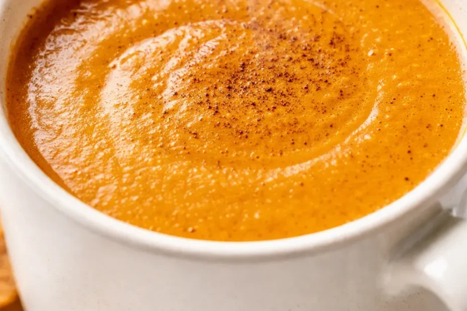 Creamy pumpkin spice latte in a ceramic mug with velvety milk foam, cinnamon dusting, and warm orange-brown tones.