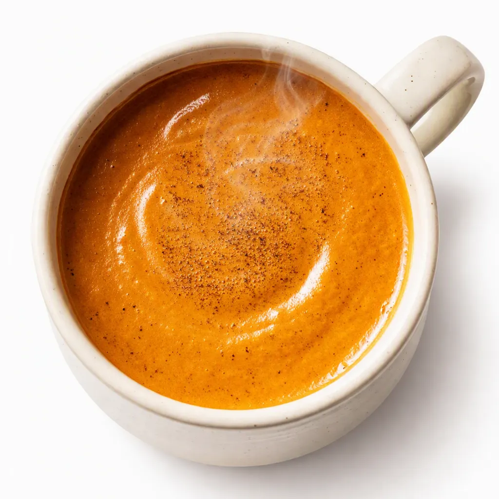 Steaming creamy pumpkin spice latte poured into a glass mug, topped with frothed milk and golden caramel swirl.