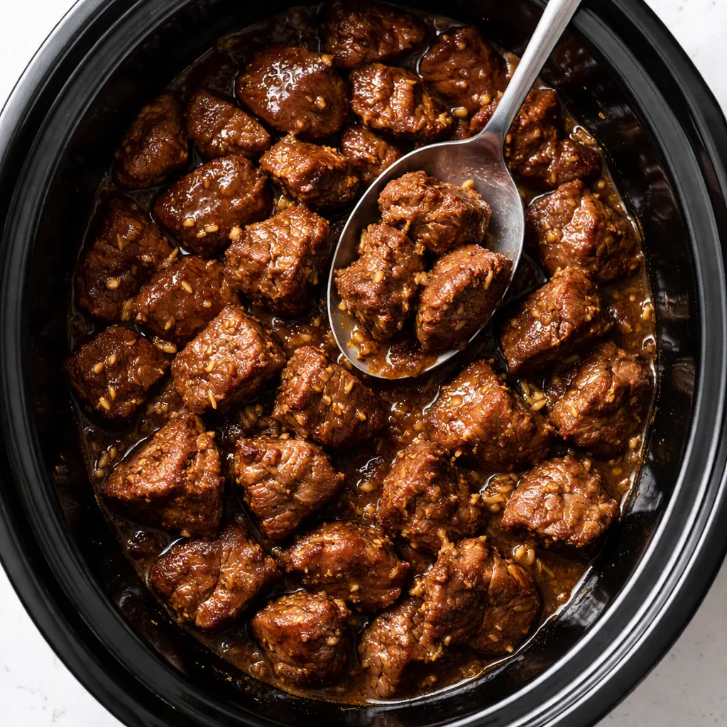 Fork-tender slow cooker garlic butter beef bites in rich golden sauce, garnished with parsley.