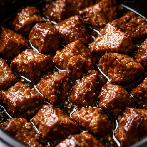 Fork-tender slow cooker garlic butter beef bites glistening in rich garlic butter sauce with fresh parsley.