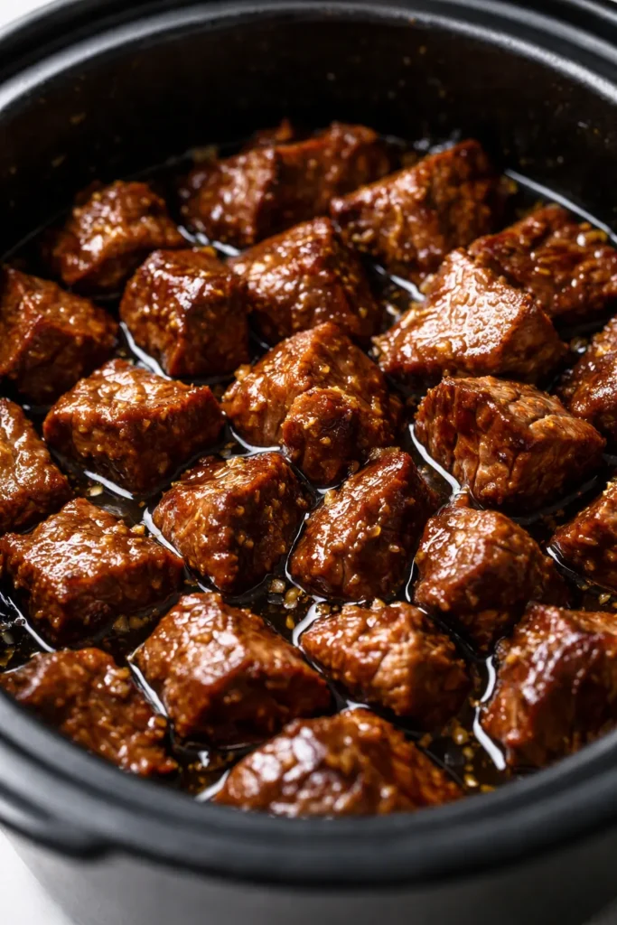 Fork-tender slow cooker garlic butter beef bites glistening in rich garlic butter sauce with fresh parsley.