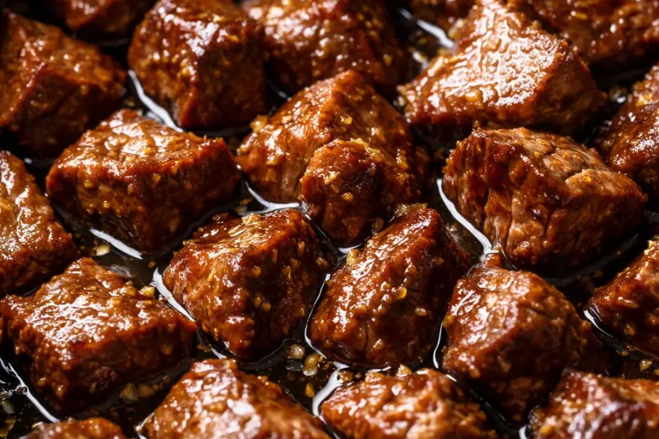 Fork-tender slow cooker garlic butter beef bites glistening in rich garlic butter sauce with fresh parsley.