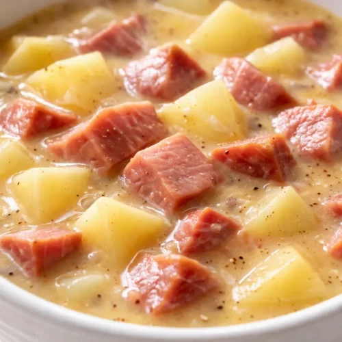 Creamy slow cooker ham and potato soup in a rustic bowl, topped with chives and a sprinkle of black pepper, thick and hearty.
