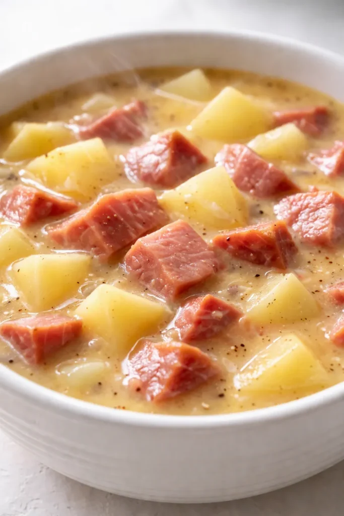 Creamy slow cooker ham and potato soup in a rustic bowl, topped with chives and a sprinkle of black pepper, thick and hearty.