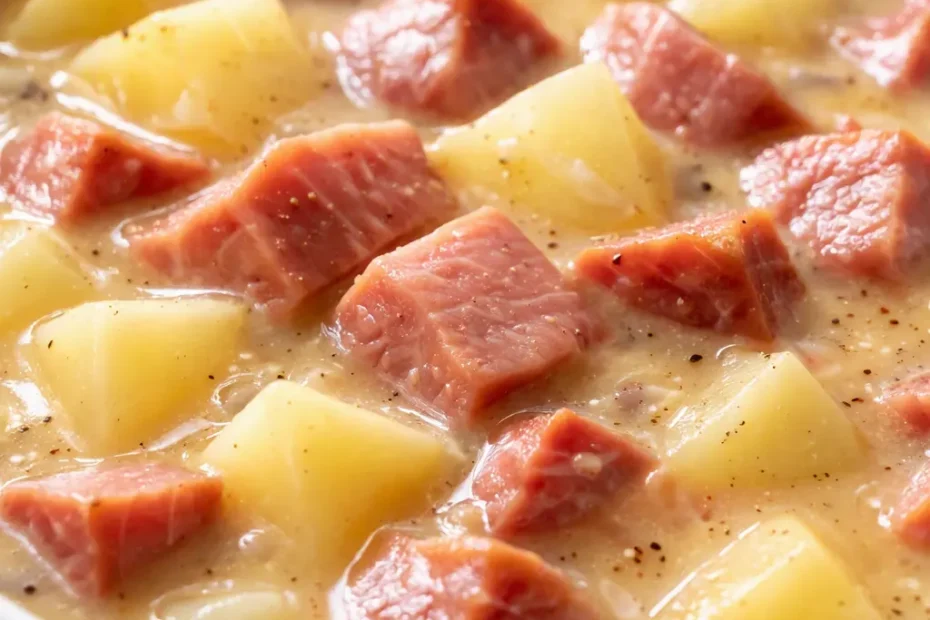 Creamy slow cooker ham and potato soup in a rustic bowl, topped with chives and a sprinkle of black pepper, thick and hearty.
