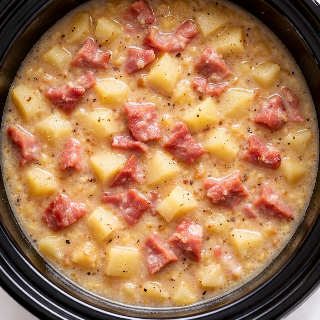 Slow cooker ham and potato soup with creamy golden broth, diced ham, and tender potatoes during preparation.