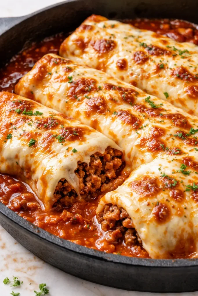 Smothered ground beef burritos topped with melted cheese, red sauce, and cilantro on a plate.