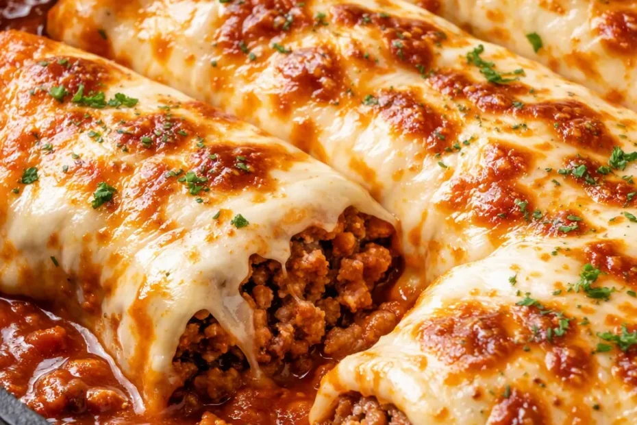 Smothered ground beef burritos topped with melted cheese, red sauce, and cilantro on a plate.