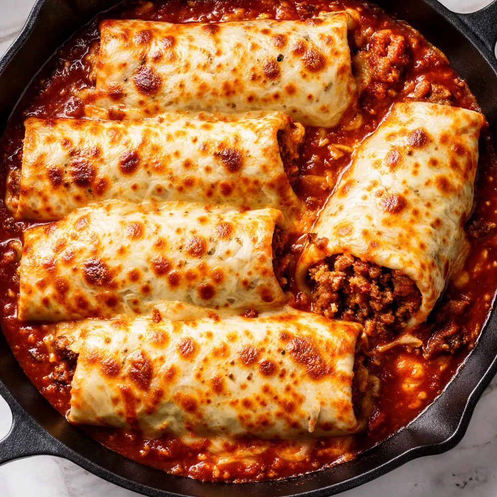 Ground beef filling simmering in a skillet with rich sauce and spices for smothered ground beef burritos.