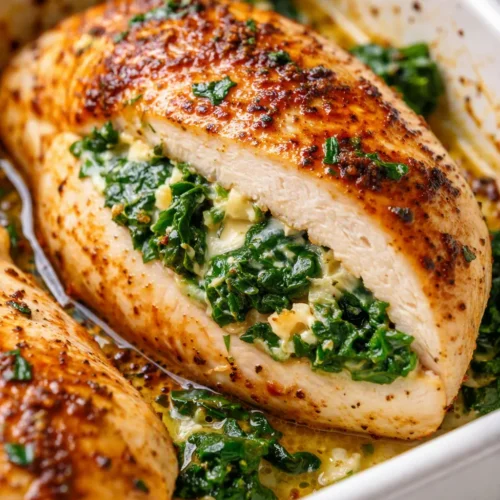 Golden-brown spinach stuffed chicken breasts sliced open revealing juicy, tender meat and vibrant green spinach filling.