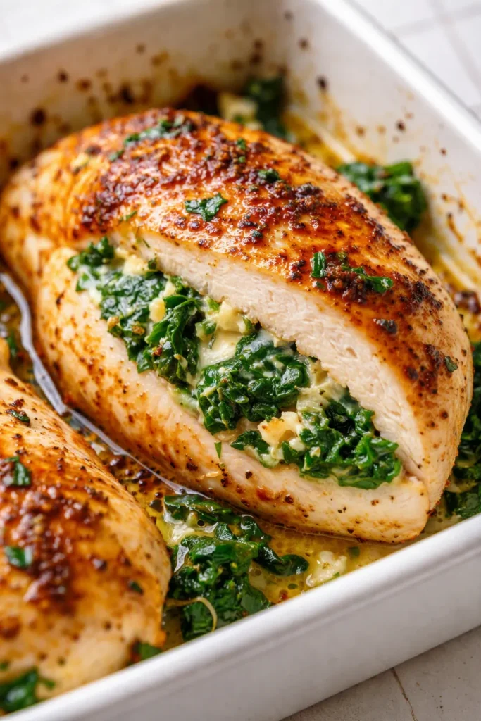 Golden-brown spinach stuffed chicken breasts sliced open revealing juicy, tender meat and vibrant green spinach filling.