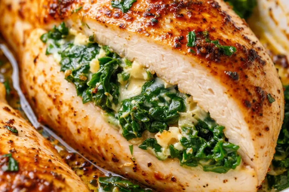 Golden-brown spinach stuffed chicken breasts sliced open revealing juicy, tender meat and vibrant green spinach filling.