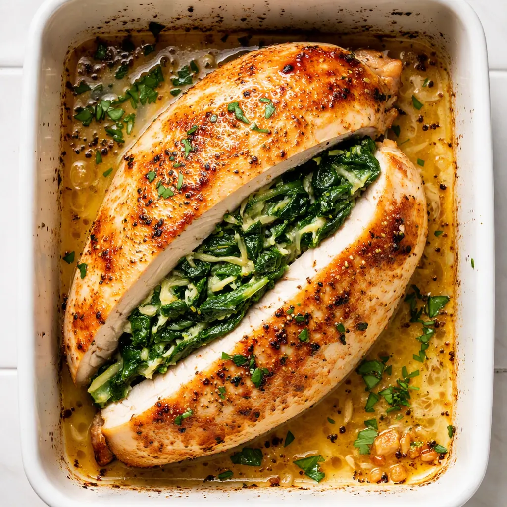 Spinach stuffed chicken breasts browning in a hot skillet, golden with a vibrant green filling peeking out.