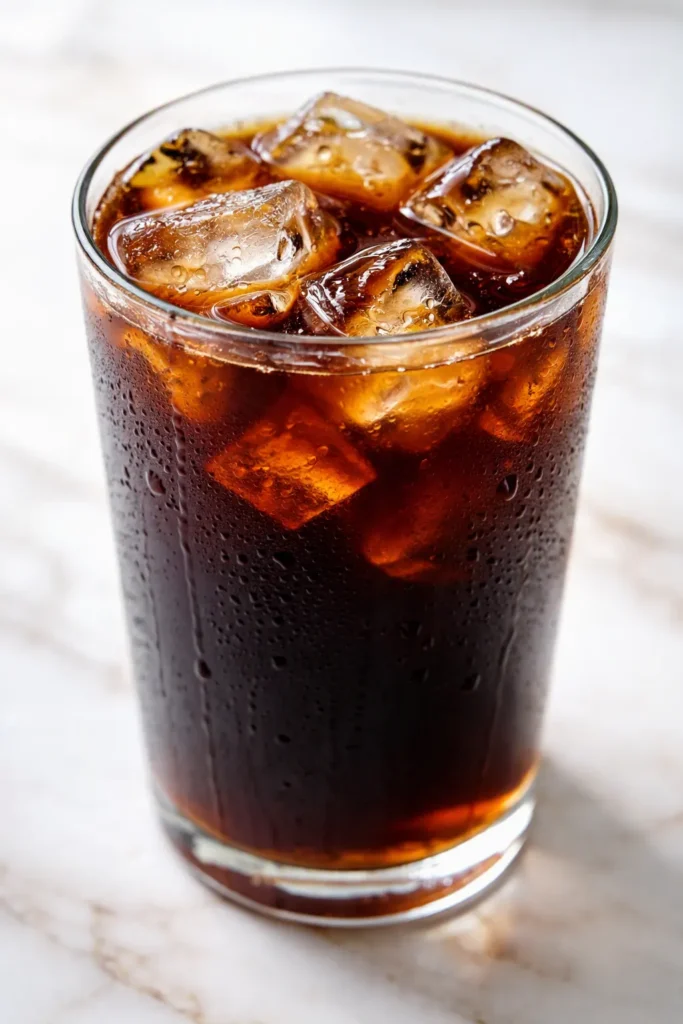 Homemade Starbucks iced coffee copycat in a tall glass with dark roast coffee, creamy swirl, and ice cubes