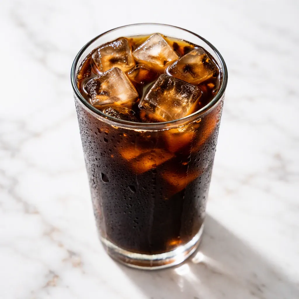Brewing strong coffee over ice for Starbucks iced coffee copycat, rich dark brown with cream swirl.
