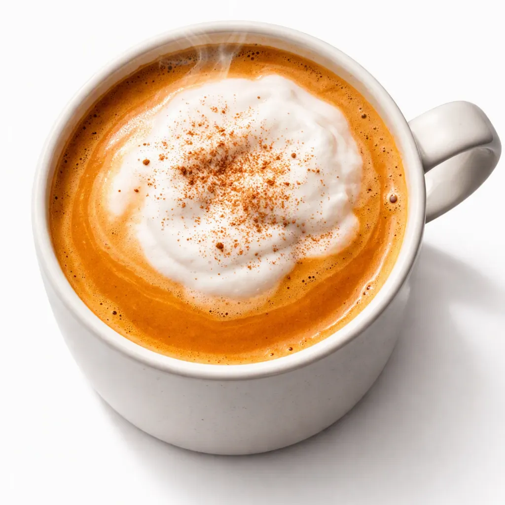 Starbucks-inspired pumpkin coffee trick being stirred in a glass mug, showing creamy orange color and silky whipped cream texture.