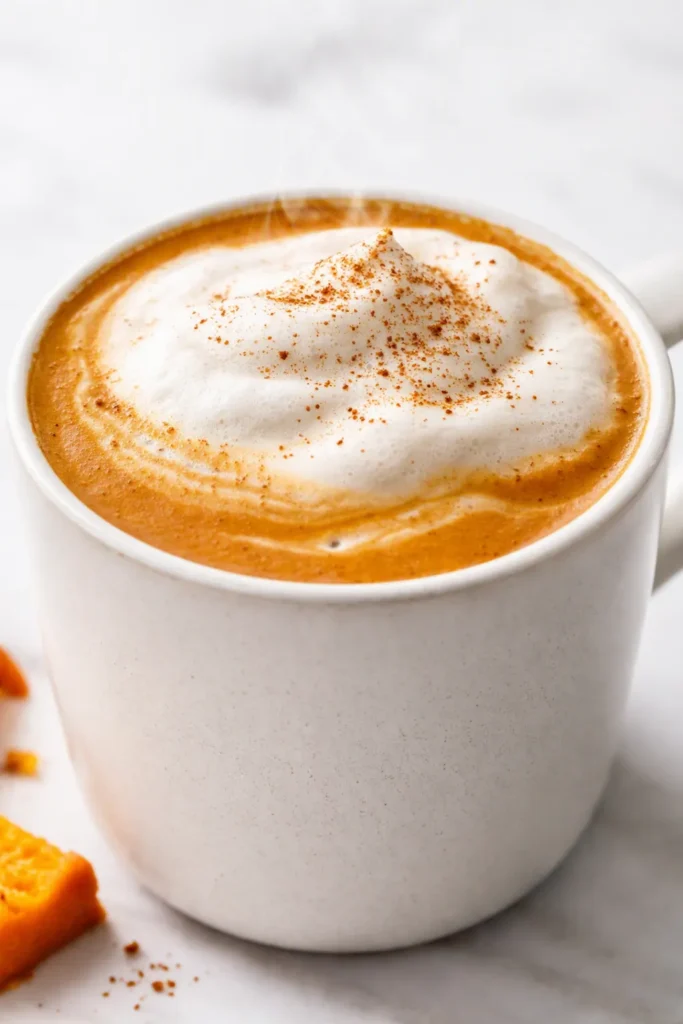 Warm pumpkin coffee trick in a mug topped with whipped cream and a dusting of cinnamon, rich autumn colors.