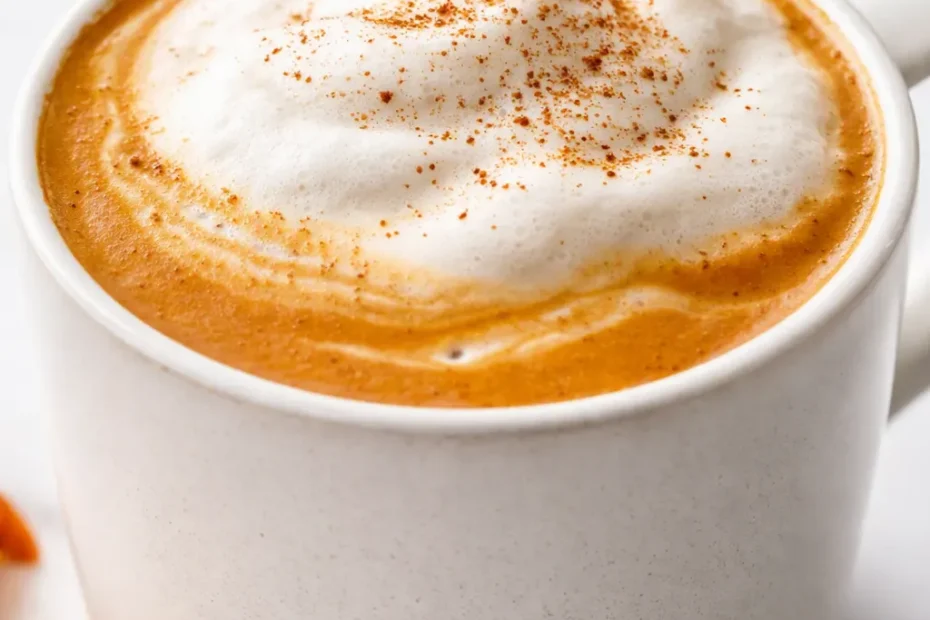 Warm pumpkin coffee trick in a mug topped with whipped cream and a dusting of cinnamon, rich autumn colors.