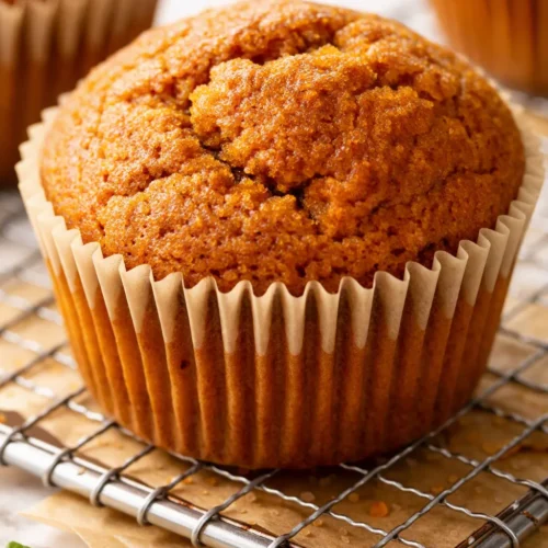 Moist copycat Starbucks pumpkin muffins with a golden domed top, speckled with cinnamon and nutmeg, sitting on a rustic wood table.