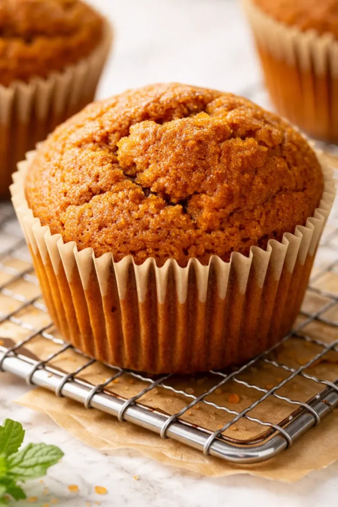 Moist copycat Starbucks pumpkin muffins with a golden domed top, speckled with cinnamon and nutmeg, sitting on a rustic wood table.