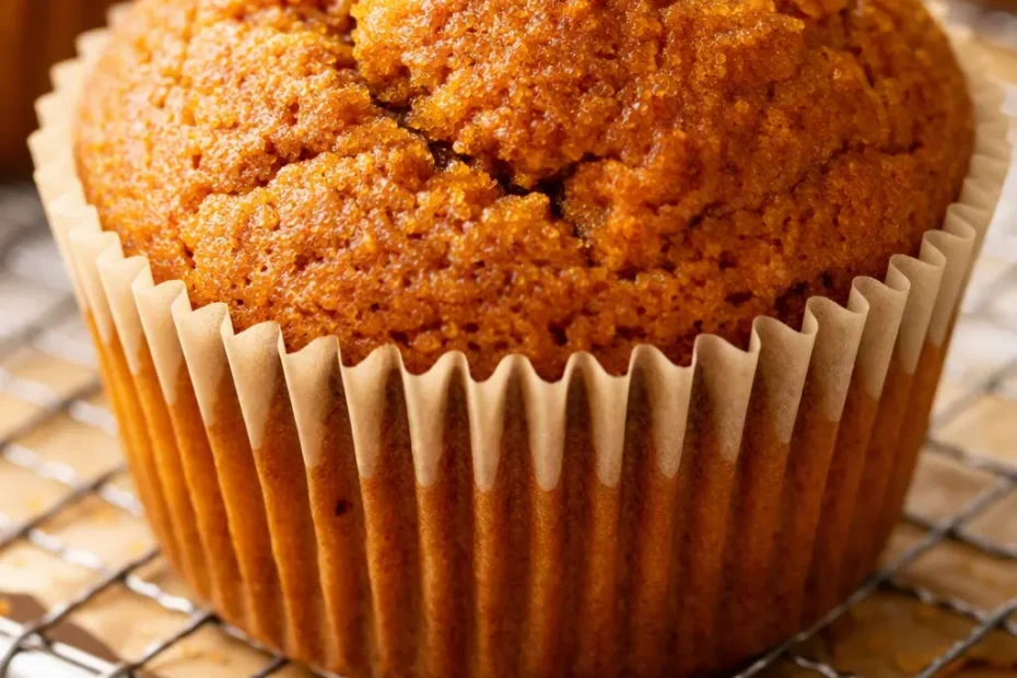 Moist copycat Starbucks pumpkin muffins with a golden domed top, speckled with cinnamon and nutmeg, sitting on a rustic wood table.