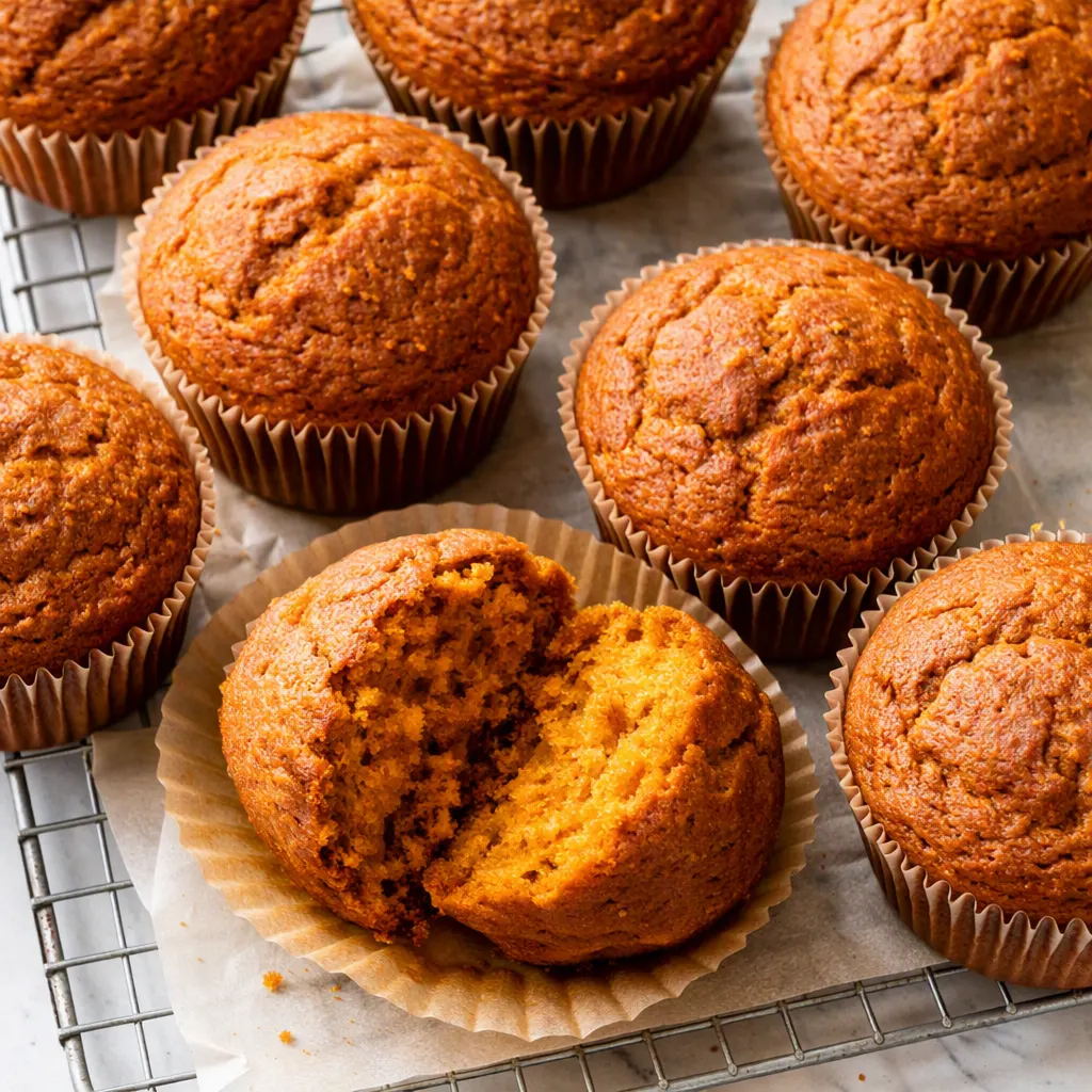 Starbucks pumpkin muffins copycat recipe process shot showing creamy pumpkin batter with spices being mixed for moist, tender muffins.