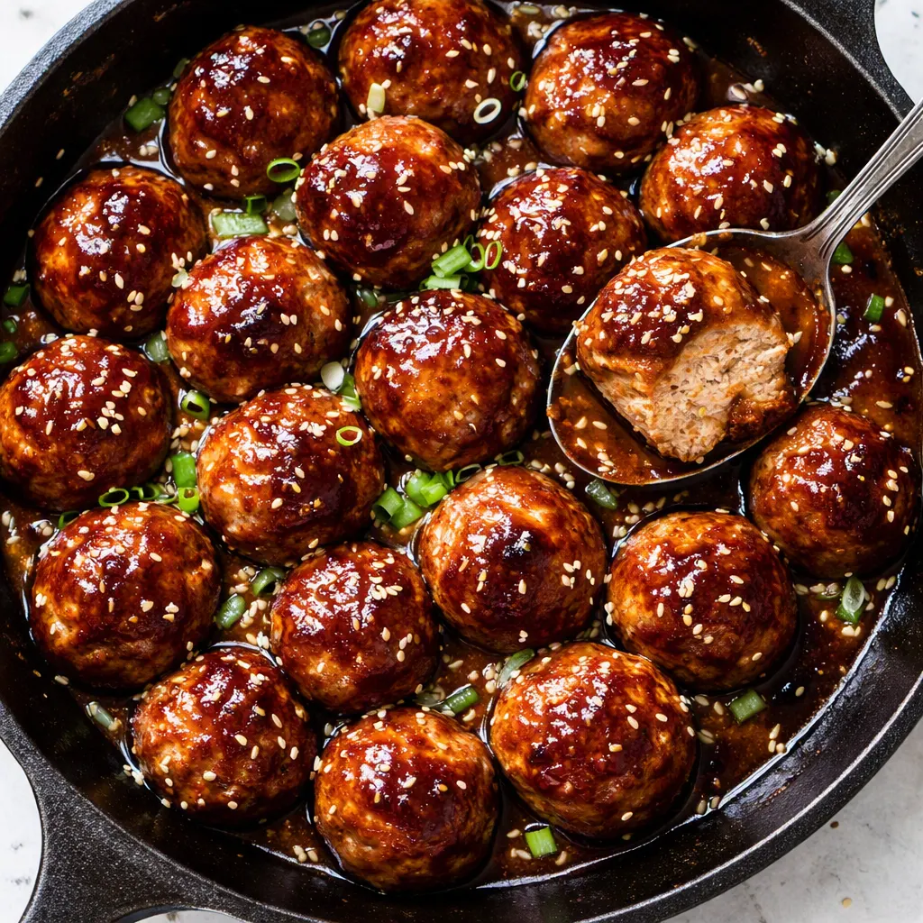 Sticky honey garlic meatballs being coated in a shiny, caramelized glaze in a black skillet.