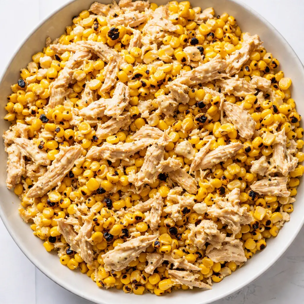 Mixing street corn creamy cucumber chicken salad with charred sweet corn, diced cucumber, and chicken in a tangy creamy dressing.