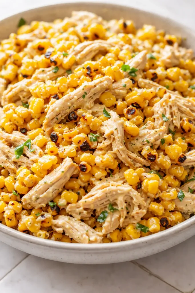 Street corn chicken salad with charred corn, shredded chicken, crisp cucumber, creamy lime dressing, and cotija.
