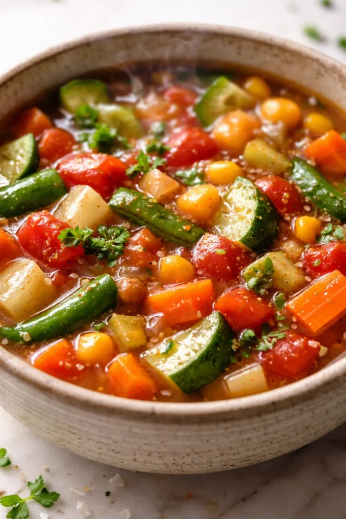 Steaming bowl of vegetable soup with chunky carrots, celery, and tomatoes in a rich broth, garnished with fresh herbs.