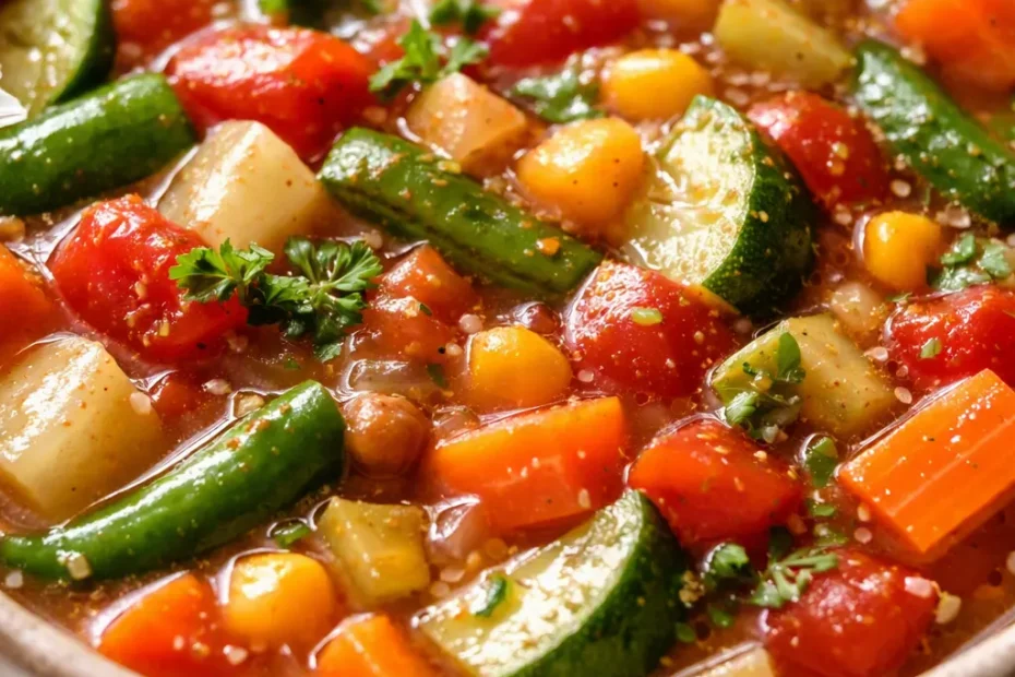 Steaming bowl of vegetable soup with chunky carrots, celery, and tomatoes in a rich broth, garnished with fresh herbs.