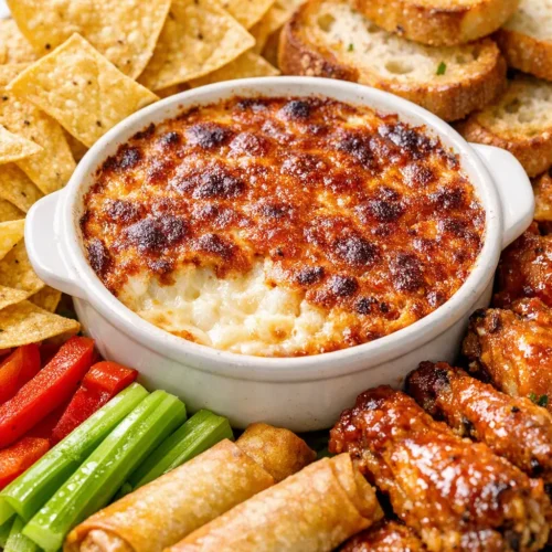 Warm pizza dip stays creamy and bubbly in a baking dish with melted mozzarella, pepperoni, and golden edges.