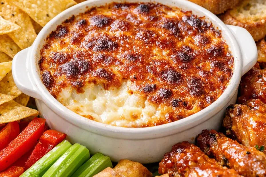 Warm pizza dip stays creamy and bubbly in a baking dish with melted mozzarella, pepperoni, and golden edges.