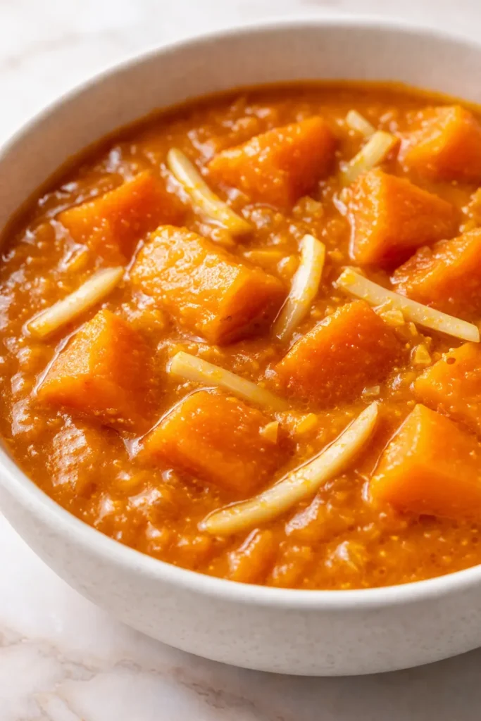 Sämiges Kürbis Curry mit Ingwer in leuchtend orangener Farbe, garniert mit frischem Koriander und Kokosmilch.