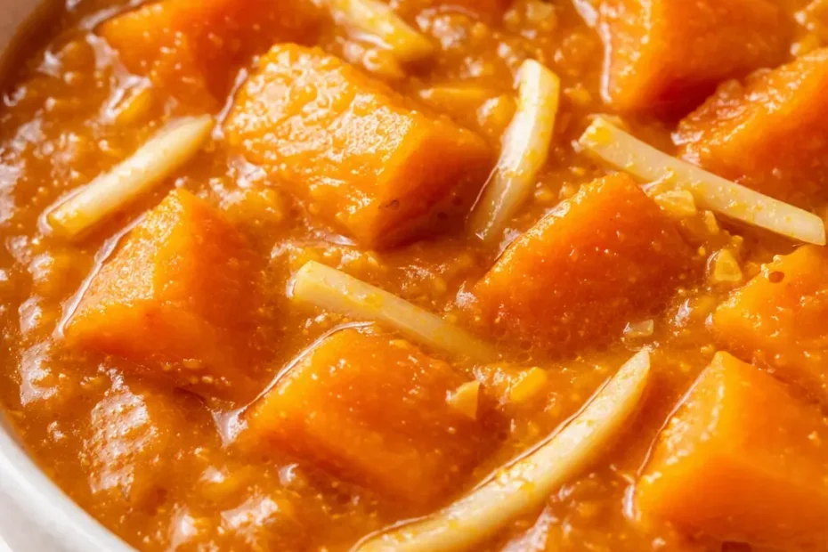 Sämiges Kürbis Curry mit Ingwer in leuchtend orangener Farbe, garniert mit frischem Koriander und Kokosmilch.
