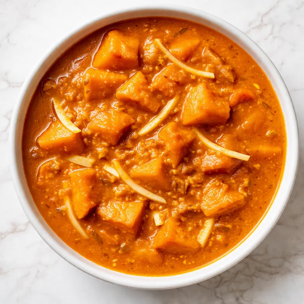 Sämige Kürbis Curry mit Ingwer in einem Topf, goldorange Kürbiswürfel, frische Ingwerstücke und cremige Kokosmilch.