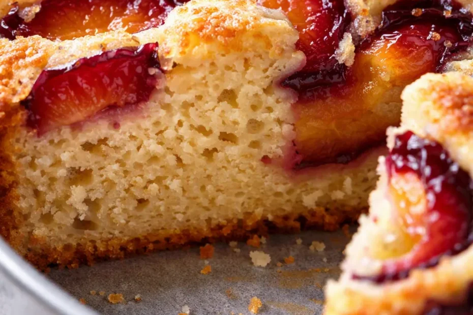 Lockerer Pflaumenkuchen mit Rührteig auf einem Teller, goldbrauner Teig, saftige Pflaumen und feine Zimtnote.