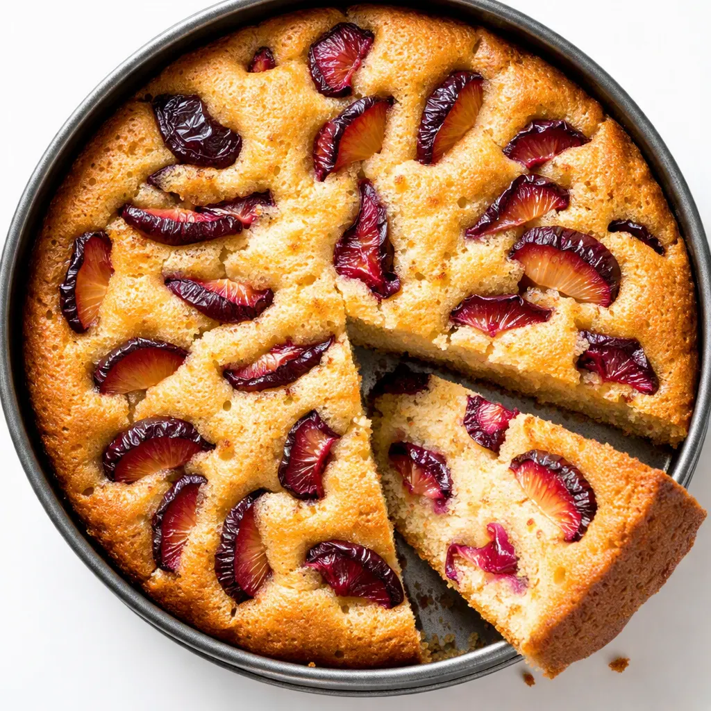 Lockerer Pflaumenkuchen mit Rührteig: goldgelber Teig in der Backform, dicht belegt mit saftigen Pflaumen, vor dem Backen.